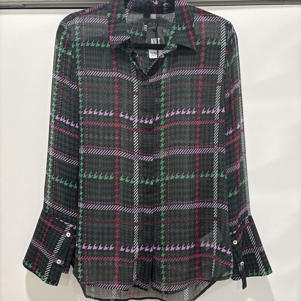 Kut from the Kloth Sheer Button Down Shirt Size M Plaid Bell Sleeves Houndstooth